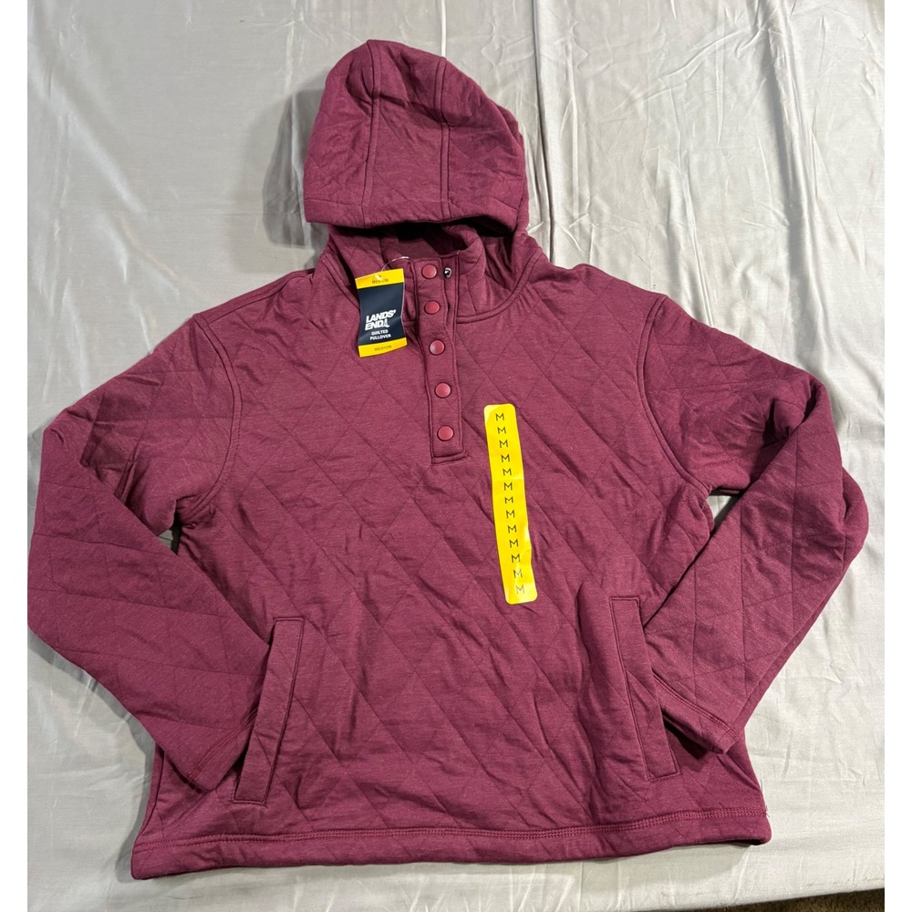 Lands End Women Quilted Pullover Hoodie Burgundy Heather Snap Neck M